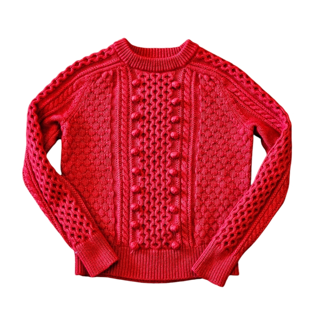 Vintage J. Crew Red Wool Blend Knit Sweater PomPom Popcorn Size S